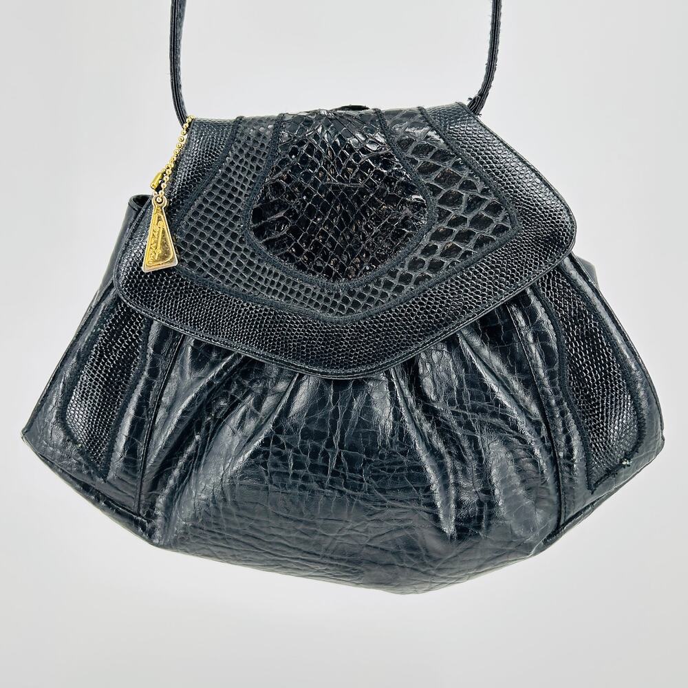 Vintage 70s 80s Bags by Sylvia Black Faux Leather + Authentic Snake Skin Purse